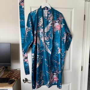 Floral Teal Satin Kimono Robe